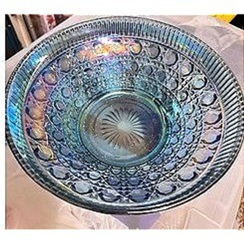 Imperial Glass Whirling Star Blue Carnival Glass Bowl Iridescent 10.5 In Vintage